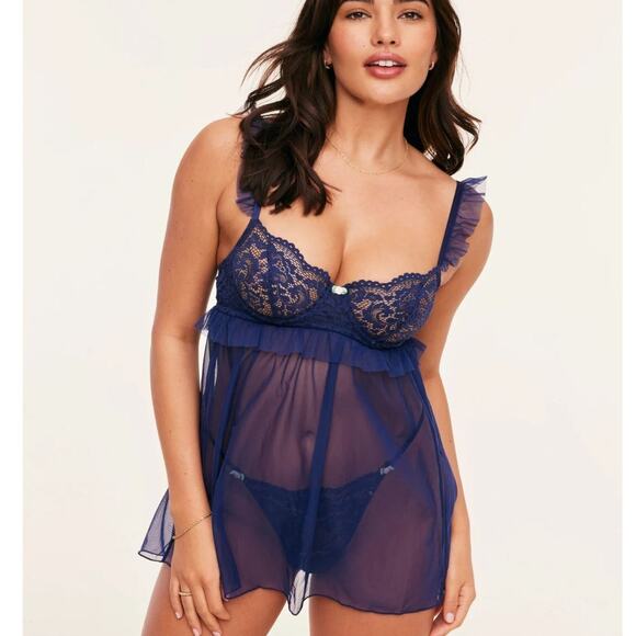 NEW Adore Me Keara Babydoll Chemise Cami 1X Navy Blue Lingerie Underwire Ruffle - Picture 3 of 6
